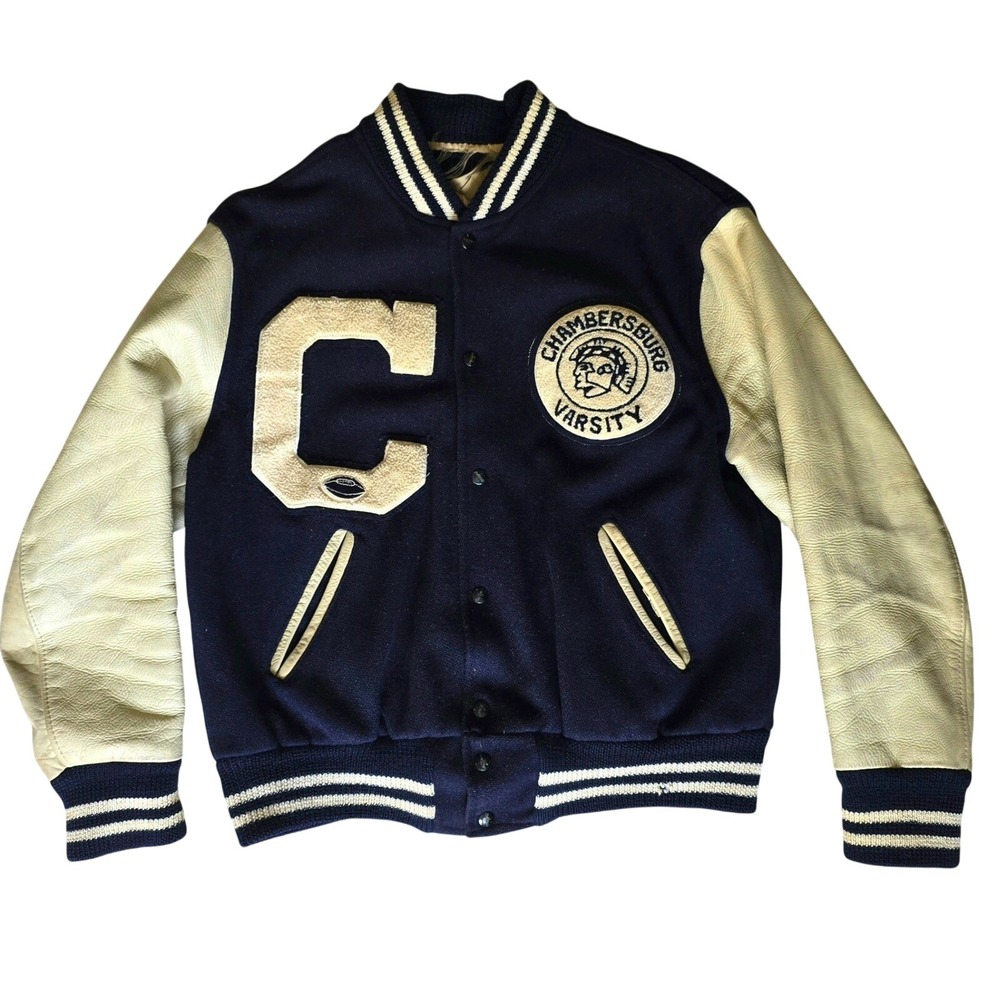 Holloway Men's 1970s Chambersburg Trojans Varsity Letterman Jacket Navy Leather